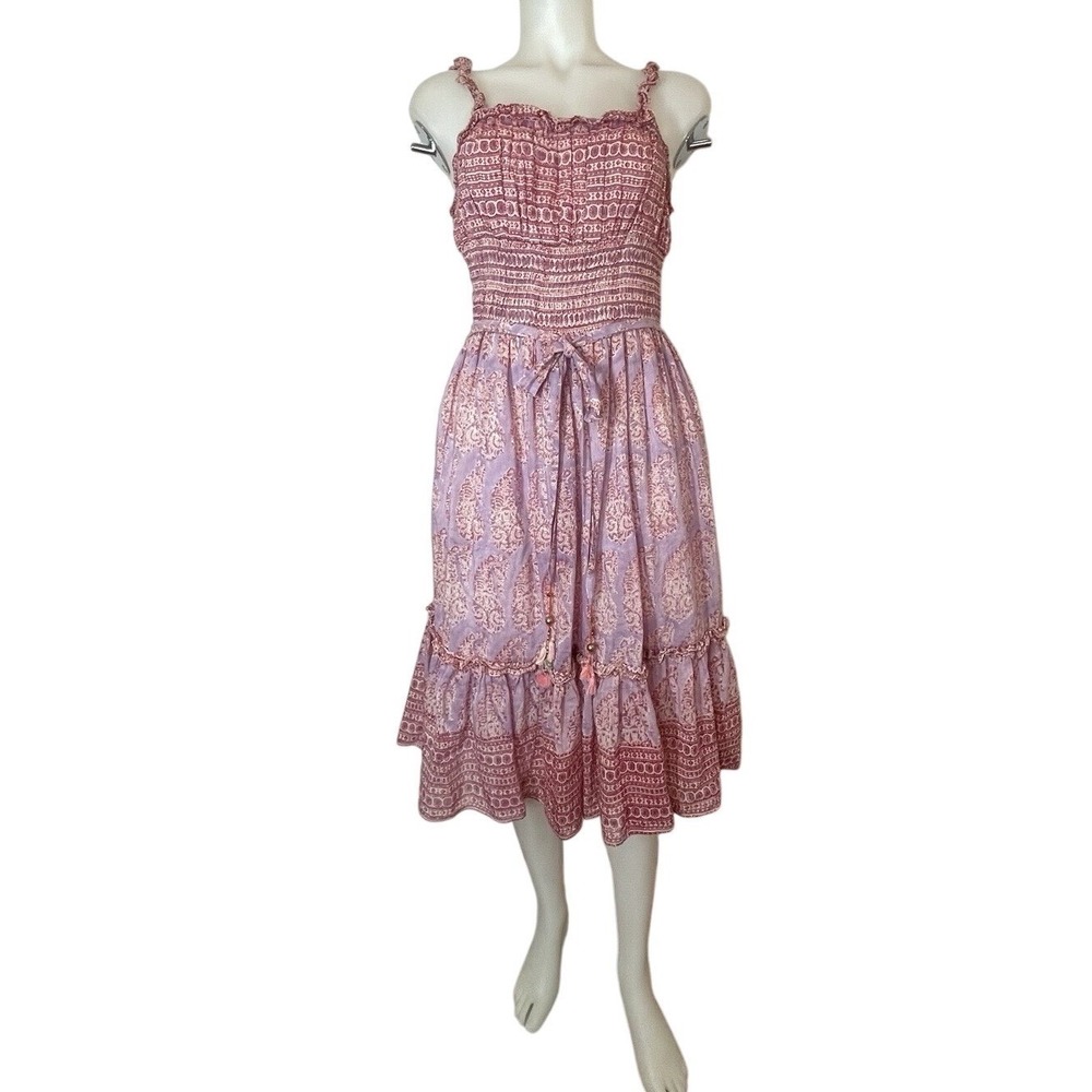 Bell By Alicia Bell Dress Tiered Midi Silk Cotton Block Print Paisley SZ XS